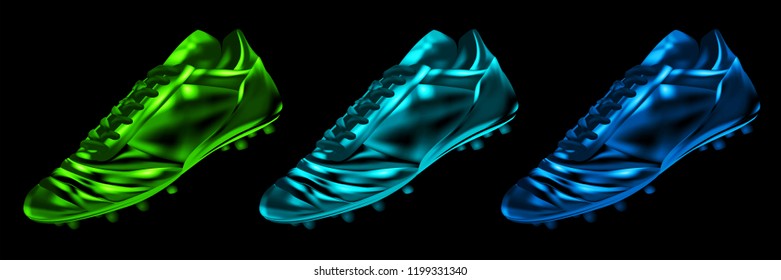 3d soccer football boots in colors set isolated on a black background, vector illustration