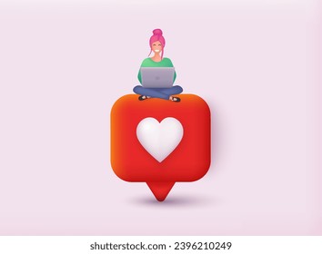 3D social communication. Followers feedback, speech bubble with heart isometric design element, SMM, blogging flat clipart. 3D Web Vector Illustrations.