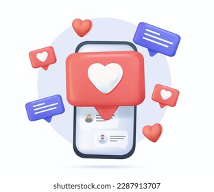 Comunicación social 3D, chat de amor. Smartphone con similares, chat corazón emoji. Marketing digital SMM, amor, como los iconos 3D establecidos. Diseño de aplicaciones, ilustración vectorial de representación 3D