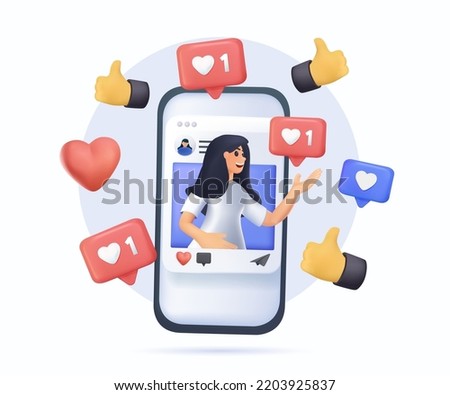 3D Social media blogger. Social media platform, online social communication concept. Influencer, post, story and avatar. Influencer posting personal blog. Comment Follower. 3D Web Vector Illustrations
