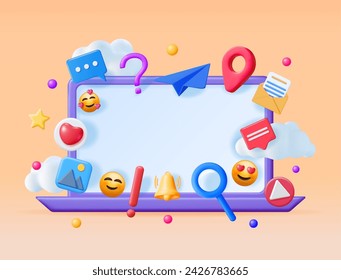 3D Social Media Concept Isolated. Render Computer with Colorful Social Network Icon. Chat Bubble, Like Button, Exclamation Question Mark, Notification Bell. Online Communication. Vector Illustration