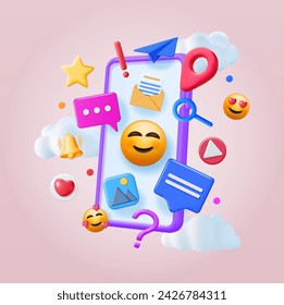 3D Social Media Concept Isolated. Render Smartphone with Colorful Social Network Icon. Chat Bubble, Like Button, Exclamation Question Mark, Notification Bell. Online Communication. Vector Illustration