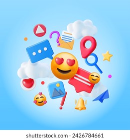 3D Social Media Concept Isolated. Render Colorful Social Network Media Icons. Online Chat Bubble, Like Button, Exclamation Question Mark, Search, Play, Smile, Location Pin. Vector Illustration