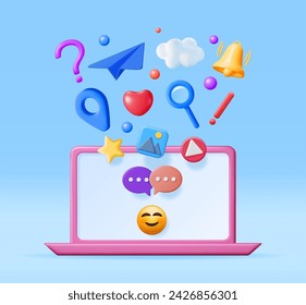 3D Social Media Concept Isolated. Render Computer with Colorful Social Network Icon. Chat Bubble, Like Button, Exclamation Question Mark, Notification Bell. Online Communication. Vector Illustration