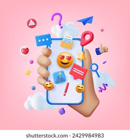 3D Social Media Concept Isolated. Render Smartphone with Colorful Social Network Icon. Chat Bubble, Like Button, Exclamation Question Mark, Notification Bell. Online Communication. Vector Illustration