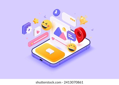 3D Social media concept on smartphone with show photo frame and chat, like, comment, location, etc. Isometric, Digital marketing platform cartoon minimal style. 3d vector illustration