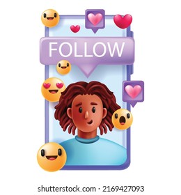 3D social media concept, vector follow bubble, smartphone screen, love heart sign, smiling man. Internet online communication app, user avatar page, network message. Social media marketing clipart