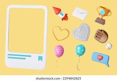 3D social media decoration element set isolated on light yellow background. Social media post frame, rocket, letter, trophy, heart shape decor, hand glove, baseball, balloons and love dialog.