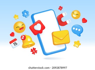 3d social media, digital marketing, online communication concept. Social network, mobile advertising and targeting vector illustration. Smartphone screen with emoji, bell for notification