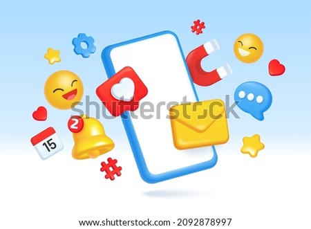 3d social media, digital marketing, online communication concept. Social network, mobile advertising and targeting vector illustration. Smartphone screen with emoji, bell for notification ストックフォト © 