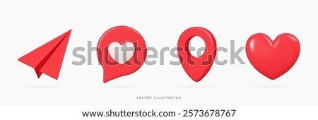 3D Social media emoji and emotions icon set with paper airplane, speech bubble message, pin location and red heart shape. Like and share. Cartoon design icons isolated on white. 3D Vector illustration