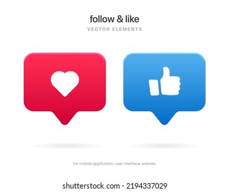 3d social media follow and like user buttons, symbol, sign, emblem. Follower notification icons for website, mobile app, UI UX.