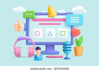 3d social media icon. Digital marketing. Online social network. Vector design isolated. 3d vector icon illustration.  Global communication network.