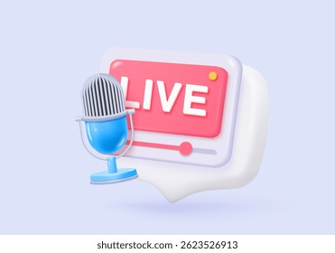 3d social media icon with live multimedia streaming and emotion. Social society online record video for make money passive income. 3d media live entertainment icon vector render illustration