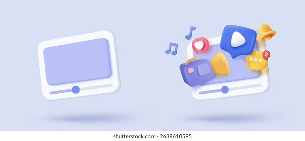 3d social media icon with live multimedia streaming and emotion. Social society online record video for make money passive income. 3d media live entertainment icon vector render illustration