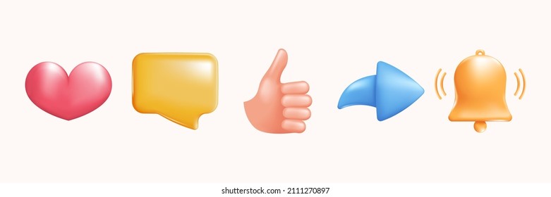 3D social media icon set, neumorphic style for UI UX, buttons like comment share notifications, vector illustrations in cartoon 3d style.
