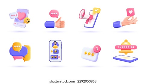 3d Social Media icon set. Trendy illustrations of online communication, digital marketing symbols. Like button, speech bubble, notification bell, hashtag, etc. Render 3d vector objects