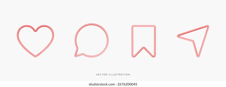3D Social media icon set. Pink like, comment, share and save frame buttons. Direct message and user interface elements. Reaction button. Cartoon design icons isolated on white. 3D Vector illustration