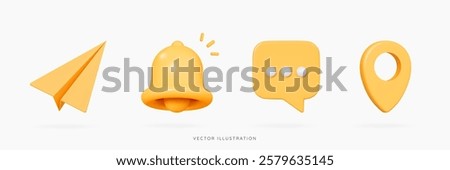 3D Social media icon set with yellow notification bell, paper airplane, speech bubble message and pin location. Office and business. Cartoon design icons isolated on white. 3D Vector illustration