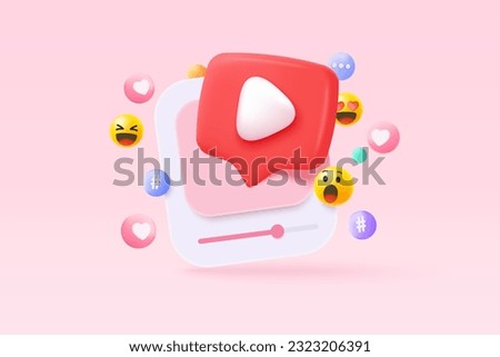 3d social media icon with video live streaming and emotion on frame. Social media online playing video for make money passive income 3d concept. 3d icon live entertainment vector render illustration