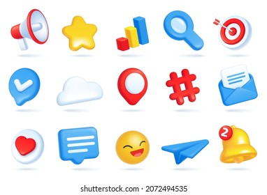 3d Social Media Icons, Digital Marketing And Advertising Icon. Heart Like, Megaphone, Emoji, Bell Notification, Chat Bubble Symbols Vector Set. Magnifying Glass, Envelope With Letter