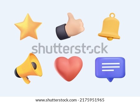 3d social media icons. Digital marketing symbols. Like button, speech bubble, notification bell, megaphone icon vector set. Heart and speach bubble. Elements for networking sites, communication ストックフォト © 