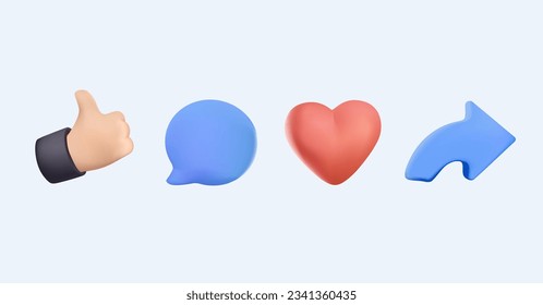 Iconos de 3d en medios sociales. Como, Comentario y Compartir. Un conjunto de iconos de los medios sociales inspiró a los medios sociales. Sube el dedo y el icono del corazón. Icono de vectores y amor. Listo como la web de botón de amor. conjunto de iconos de interfaz de usuario 3D