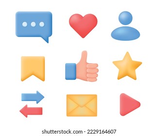 3d social media icons, online communication, digital marketing elements for networking sites, applications. Vector illustration isolated on white background.