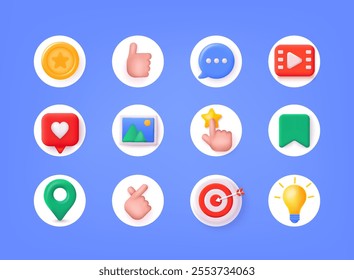 3d social media icons, online communication, digital marketing symbols. Like, love, heart, thumb up, repost, comment, share, save, emoji. 3D Web vector illustration.