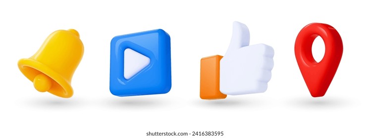 3d social media icons. Pin, notification, play and approve symbols. Vector bell, arrow button, thumb up and map tag in vibrant colors and realistic shadows, adding modernity to digital app platforms