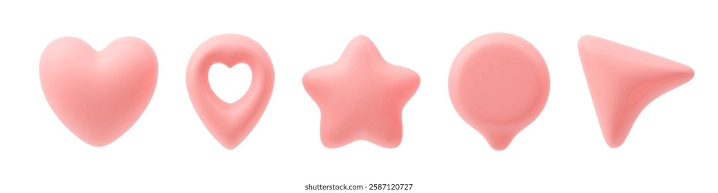 3d social media icons. Realistic pink heart, pin location with heart hole, star, speech bubble, arrow. Love symbol for networking sites, applications. Vector illustration on white