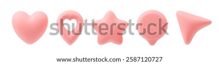 3d social media icons. Realistic pink heart, pin location with heart hole, star, speech bubble, arrow. Love symbol for networking sites, applications. Vector illustration on white