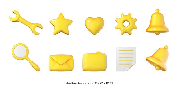 3D social media icons set, online communication symbols. Star, bell, heart, mail, magnifier, wrench, folder, gear, document symbol. Elements for networking sites, applications
