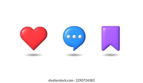 3d social media icons set. Heart, like comment, share, add, save in 3d style. Digital marketing and advertising sign. 