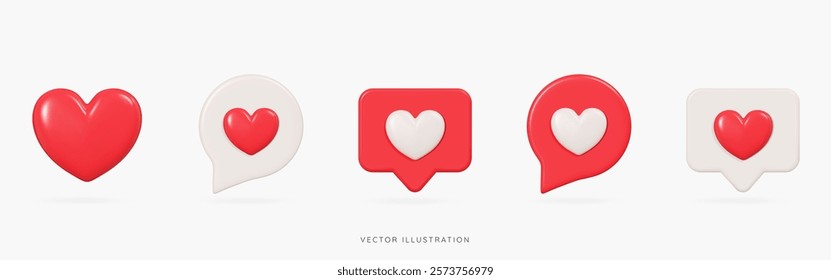 3D Social media likes and emoji icon set. Speech bubble messages with red and beige hearts. Love chat. Reaction buttons. Valentine's Day. Cartoon design icons isolated on white. 3D Vector illustration