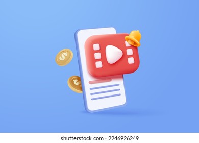 3d social media with live news streaming and bell alert on mobile phone. Social media playing video for make money passive income 3d concept. 3d media entertainment icon vector render illustration