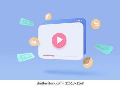 3d medios sociales con transmisión en vivo y emoción en navegador con fondo azul. Medios sociales en línea jugando video para hacer dinero concepto de ingresos pasivos. Ilustración vectorial de entretenimiento en vivo