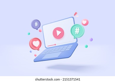 3d social media with live streaming in browser and emotion on laptop. Social media online playing 3d cinema video on web browser display concept. 3d live entertainment icon vector render illustration - Shutterstock ID 2151371541