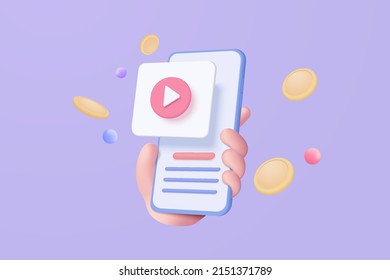 3d social media with live streaming video on 3d mobile phone in holding hand. Social media online playing video for make money passive income concept. 3d video entertainment vector render illustration