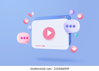 3d social media with live streaming and emotion video on blue browser. Social media playing video for make money passive income 3d concept. 3d live video entertainment vector render illustration