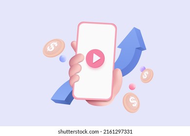 3d social media with live streaming on mobile phone in holding hand. Social media online playing video for make money passive income concept. 3d mobile entertainment vector render illustration