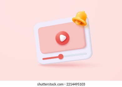 3d social media with live streaming on picture frame. Social media online play picture video 3d icon with bell alert notification. 3d live frame entertainment icon vector render illustration