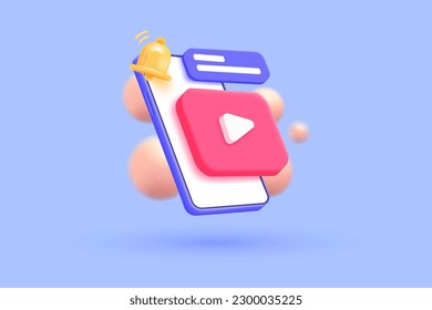 3d social media with live streaming on mobile phone. Social media online playing video for make money passive income concept. 3d vector render illustration