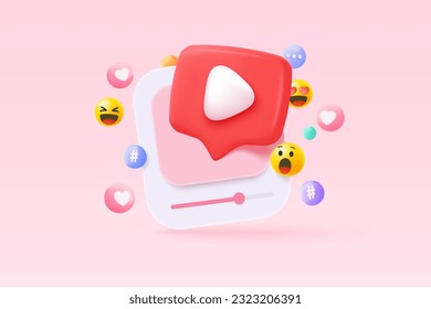 3d social media with live streaming and emotion on frame in pink background. Social media online playing video for make money passive income concept. 3d live entertainment vector render illustration