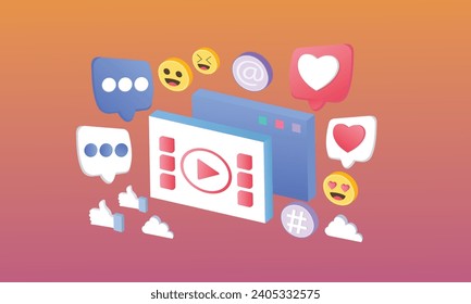 3D social media with live streaming and emotion video on blue browser. Social media playing video for make money passive income 3d concept.3d handmade.