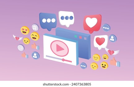3D social media with live streaming and browser emotions, social media online, play video to make money.3d handmade.3d goal for technology,online social media usage illustration.