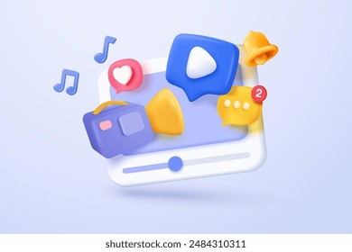 3d social media with live streaming and emotion on frame in background. Social media online play video with bell alert notification concept. 3d live entertainment icon vector render illustration