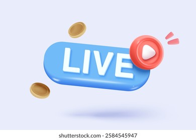 3d social media with live streaming icon signs and emotion on browser. Social media online playing video for make money passive income concept. 3d live entertainment icon vector render illustration