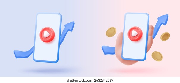 3d social media with live streaming icon signs and emotion on browser. Social media online playing video for make money passive income concept. 3d live entertainment icon vector render illustration