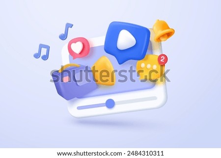 3d social media with live streaming and emotion on frame in background. Social media online play video with bell alert notification concept. 3d live entertainment icon vector render illustration